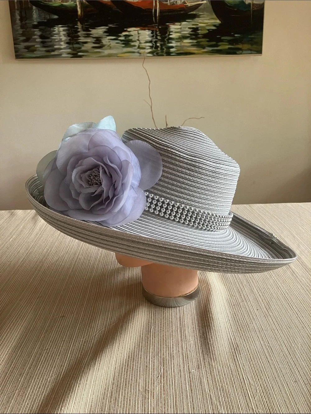 Chic Gray Wide-Brim Floral Hat in Dusty Blue and Light Gray Floral Accents
